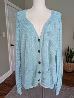 Torrid Women's Sweater Cardigan Pointelle Blue Knit Ballon Sleeve Plus Size 2